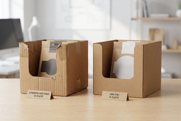 Cajas de cartón corrugado sobre un escritorio, que muestran un error común (como el que se comete con frecuencia en cajas de cartón ondulado tipo B) roto frente a una reparación profesional (como la que se hace con una caja de cartón ondulado tipo E) en buen estado.