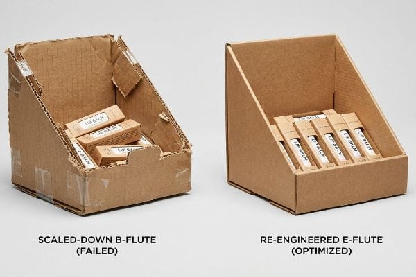 Lip Balm Display Comparison Two cardboard lip balm displays, contrasting a failed Scaled-Down B-Flute with an optimized Re-Engineered E-Flute.
