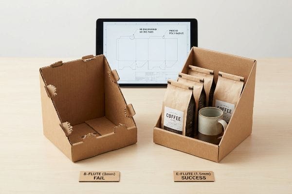 B-Flute E-Flute Comparison Corrugated cardboard counter displays compare B-Flute (3mm) fail with torn tabs to E-Flute (1.5mm) success holding coffee bags, with a tablet showing micro-tabs dieline.