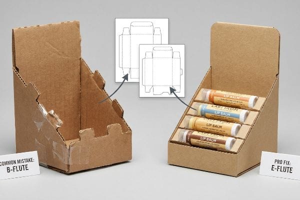 Corrugated Display Flute Comparison Corrugated cardboard displays: B-Flute Common Mistake with tape vs. E-Flute Pro Fix holding Labitrom Lip Balm, alongside structural dielines.