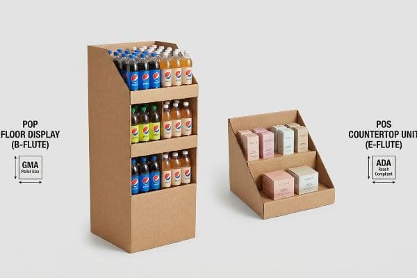Retail Display Flute Types Brown corrugated Pop Floor Display (B-Flute) with Pepsi, and Pos Countertop Unit (E-Flute) with small boxes, demonstrating Gma and Ada compliance.