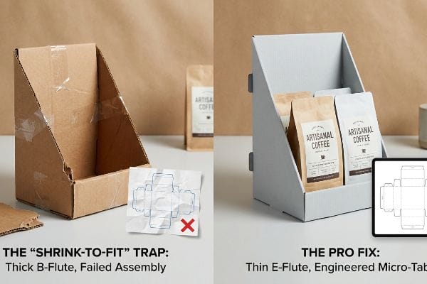 Display Flute Comparison A split image contrasts a failed, taped B-Flute display with a successful E-Flute Artisanal Coffee merchandiser, showcasing engineered micro-tabs.