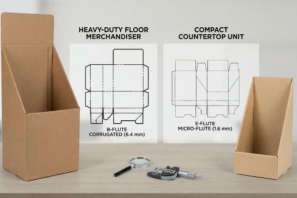 B-Flute Corrugated (6.4 mm) Heavy-Duty Floor Merchandiser and E-Flute Micro-Flute (1.6 mm) Compact Countertop Unit, shown with their dielines, a micrometer, and magnifying glass.