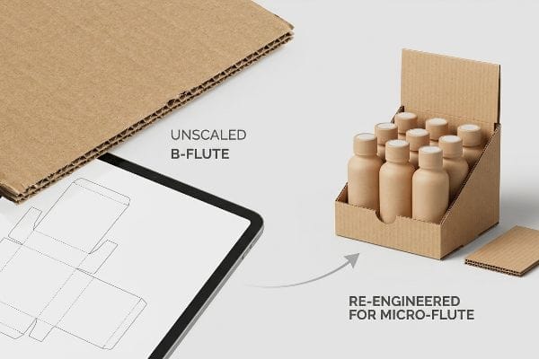 Unscaled B-Flute corrugated board and a dieline on a tablet, illustrating re-engineering for a micro-flute counter display box with bottles.