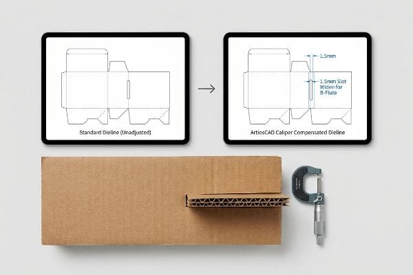Caliper Compensation Dieline Shift Micrometer measures corrugated board, showing ArtiosCAD Caliper Compensated Dieline with 1.5mm slot widened for B-Flute versus Standard Dieline.