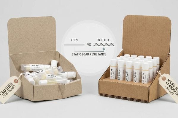 Crushed thin board lip balm display contrasts with an intact micro-flute corrugated display, showing B-Flute's superior Static Load Resistance.