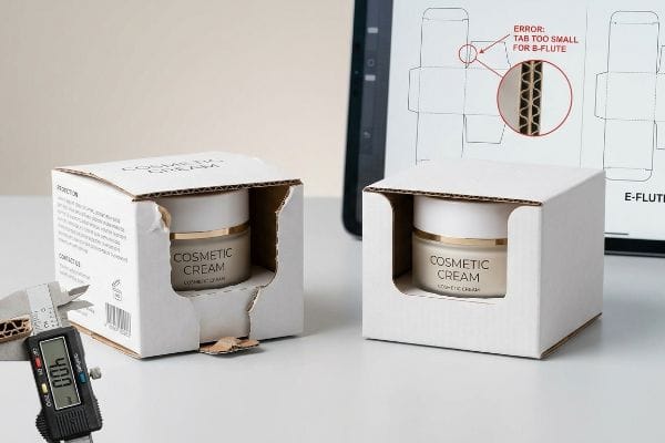 Packaging Flaw Measurement Corrugated cosmetic cream box with a 4.00 caliper reading, highlighting a B-flute tab too small error on the digital dieline.