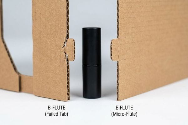 Corrugated B-Flute with a failed tab compared to E-Flute (Micro-Flute) holding a black lipstick tube.