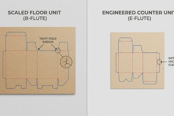 Kraft cardboard die-cut template for a Scaled Floor Unit (B-Flute) showing tight fold radius and material cracks.