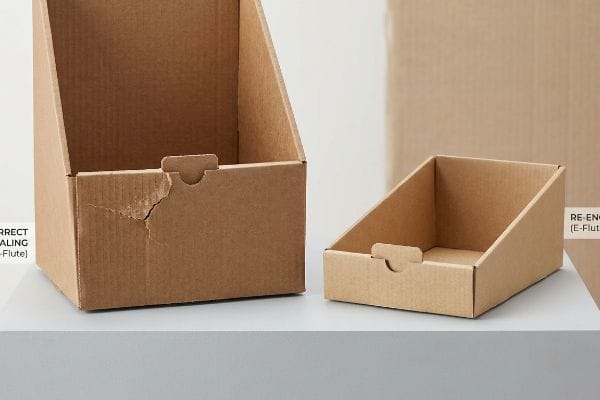 Corrugated boxes: a large B-flute with a torn flap from Incorrect Sealing, next to a pristine E-flute Re-Engineered box.