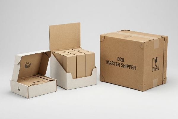 Kraft corrugated B2B Master Shipper box, retail-ready display with small boxes, and open mailer with tulip logo.