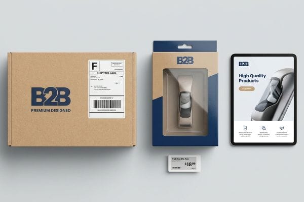 B2B Omnichannel Packaging B2B omnichannel packaging: shipping box, product box with electronic device, tablet showing 'High Quality Products', and '$18.99' price tag.