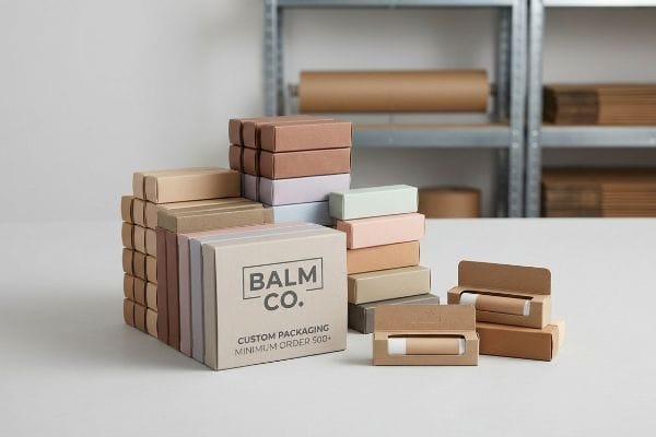 Custom Balm Co. lip balm boxes in pastel colors, featuring "Custom Packaging Minimum Order 500+", alongside open kraft boxes with lip balm tubes.
