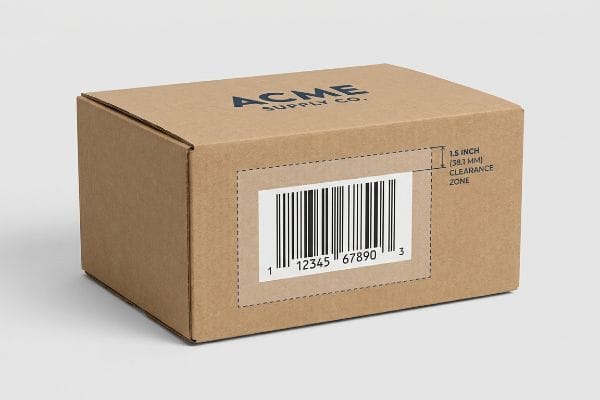 Brown corrugated box featuring Acme Supply Co. logo and a UPC barcode with a 1.5 inch (38.1 mm) clearance zone.