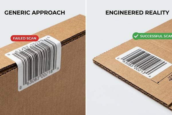 Barcode Scan Comparison Corrugated boxes show barcode scanning. Generic Approach: Failed Scan, wrapped barcode. Engineered Reality: Successful Scan, 1.5-inch Keep Out Zone.