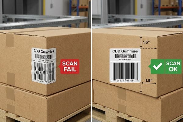 Barcode Scan Fail Fix CBD Gummies UCC-128 barcode comparison: Scan Fail from label distortion vs. Scan Ok with 1.5-inch keep-out zone.