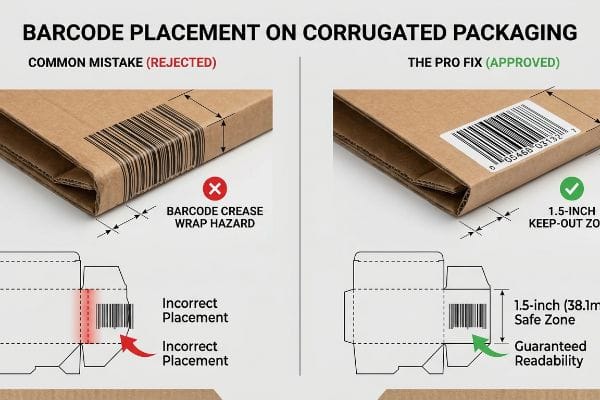 Brown corrugated packaging illustrates barcode placement: rejected on crease (Barcode Crease Wrap Hazard) versus approved with 1.5-inch Keep-Out Zone.