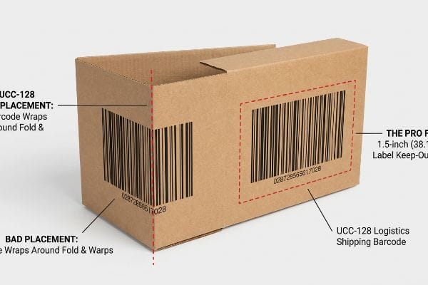 Barcode Placement Keep-Out Zone Corrugated box shows UCC-128 barcode placement: good with 1.5-inch (38.1 mm) Keep-Out Zone, bad warped on fold.