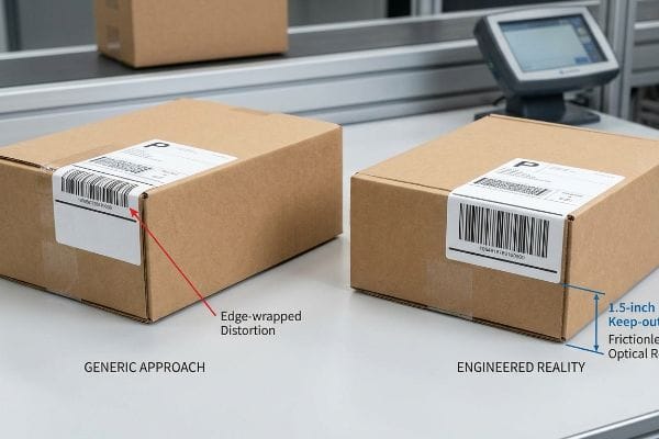 Two cardboard shipping boxes compare barcode placement: one shows Edge-wrapped Distortion (Generic Approach), the other a 1.5-inch Keep-out for frictionless optical routing (Engineered Reality).