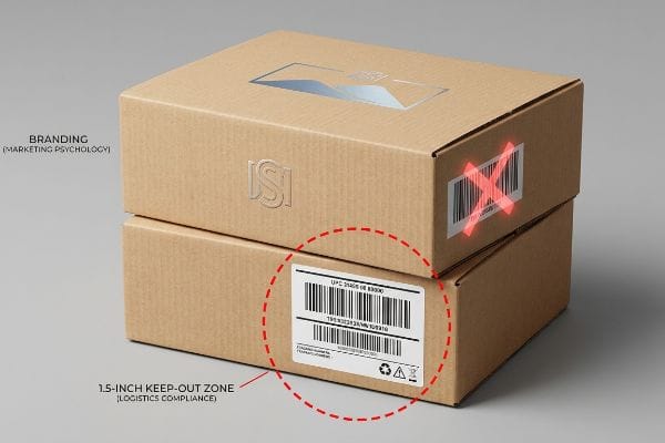 Branding vs Labeling Compliance Kraft boxes show Branding (Marketing Psychology) and a 1.5-Inch Keep-Out Zone (Logistics Compliance) with barcode.