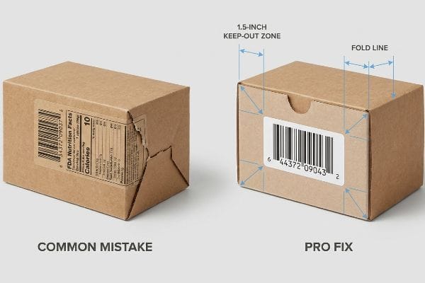 Brown boxes compare 'Common Mistake' of torn FDA barcode on fold to 'Pro Fix' with '1.5-Inch Keep-Out Zone'.