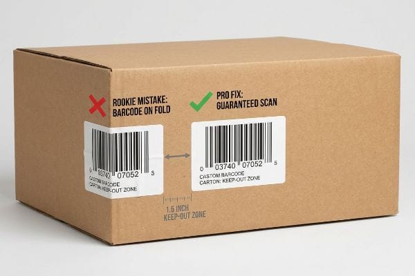 Barcode Keep-Out Zone Brown corrugated carton demonstrating correct 1.5-inch barcode keep-out zone versus a rookie mistake barcode on fold, ensuring guaranteed scan.