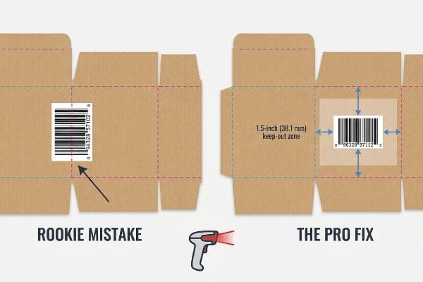 Barcode Keep-Out Zone The image shows two corrugated cardboard dielines. The left, labeled "Rookie Mistake," displays a barcode too close to a score line. The right, labeled "The Pro Fix," illustrates a barcode with a mandated 1.5-inch (38.1 mm) keep-out zone, ensuring proper scanning.