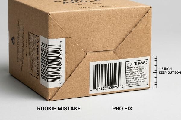 Barcode Placement Keep-Out Zone Brown kraft paper candle box demonstrating Rookie Mistake vs. Pro Fix barcode placement, with a 1.5 Inch Keep-Out Zone for Fire Hazard warnings.