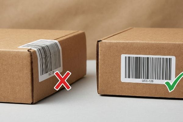 Meilleures pratiques en matière de placement des codes-barres Boîtes en carton brun illustrant le placement correct et incorrect du code-barres UCC-128 pour la logistique du commerce électronique, évitant les risques liés à l'emballage.