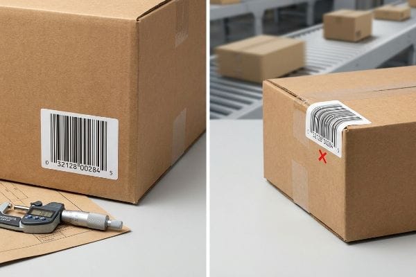 Barcode Scanning Failure Brown corrugated box with flat UCC-128 barcode and micrometer, contrasted with warped barcode on automated conveyor, showing scan failure.