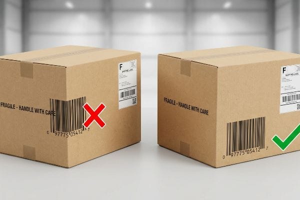 Barcode Corner Distortion Corrugated boxes show barcode placement: distorted on corner (red X), correctly flat (green check).