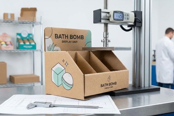 Display Unit Compression Test Brown corrugated Bath Bomb Display Unit undergoing a compression test, with a digital force gauge showing 112.5 lbs.