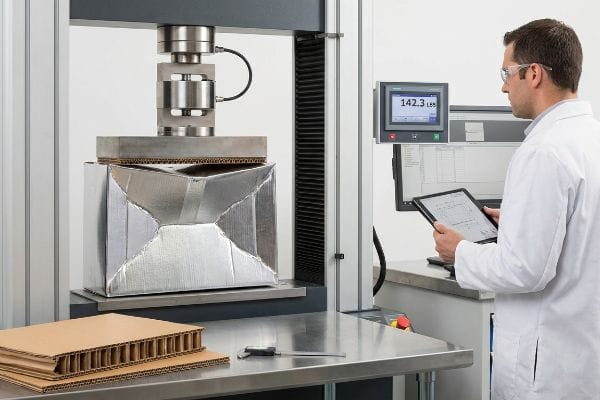 Caja de cartón laminada con lámina de plata sometida a una prueba de compresión, que muestra 142,3 libras en la máquina, con un ingeniero de laboratorio observando los datos.