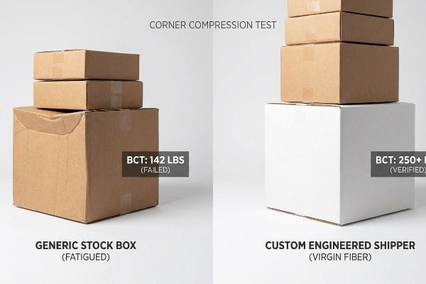 Corner Compression Test comparing fatigued generic stock box (BCT 142, Failed) with custom engineered shipper (BCT 250+, Verified).