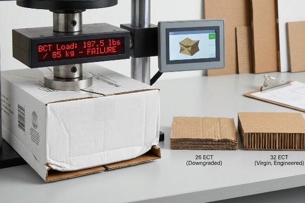 Box Compression Test Failure A BCT machine displays "BCT Load: 187.5 lbs / 85 kg - Failure" as it crushes a white corrugated box, alongside 26 ECT (Downgraded) and 32 ECT (Virgin, Engineered) samples.