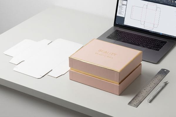 Beauty Box Design Process A pink Beauty Beauty Box with gold foil accents on a desk, surrounded by flat structural templates, a laptop displaying a CAD drawing, a ruler, and a craft knife for cosmetic packaging design.