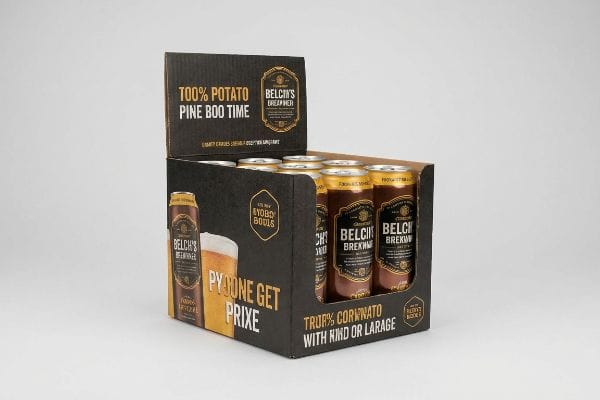 Black corrugated display box filled with Belch's Brexwer beverage cans, featuring '100% Potato Pine Boo Time' and 'Py Done Get Prixe' branding.