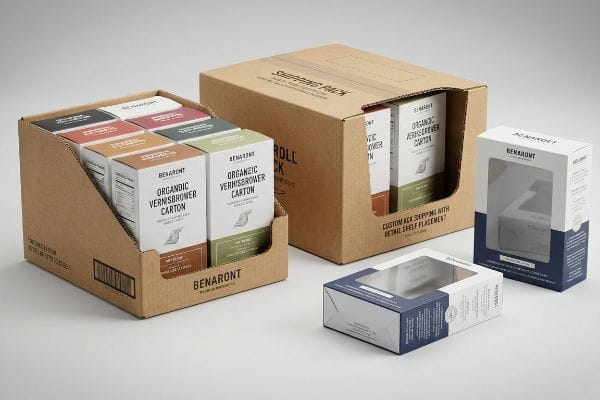 Benaront Organic Vernisbrower cartons in custom shipping pack for retail shelf placement, with display-ready secondary packaging.