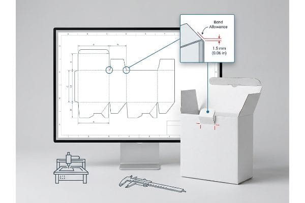 Dieline Bend Allowance Calculation Dieline template on screen, detailing 1.5 mm (0.06 in) Bend Allowance for a custom corrugated box, with CNC and caliper icons.
