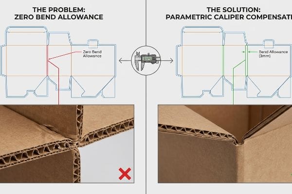Parametric Caliper Compensation Corrugated cardboard dielines compare Zero Bend Allowance buckling with Parametric Caliper Compensation's smooth 3mm Bend Allowance.