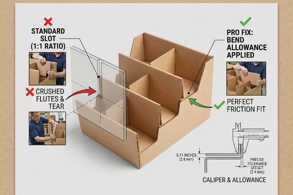 Cardboard organizer diagram illustrating "Bend Allowance Applied" for "Perfect Friction Fit" versus "Standard Slot" causing "Crushed Flutes & Tear", with caliper showing 0.11 inches (2.8 mm) thickness and 2.4 mm tolerance offset.