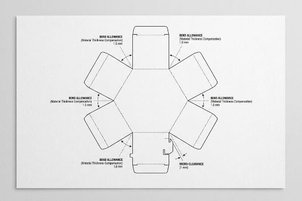 Hexagonal box dieline detailing Bend Allowance (Material Thickness Compensation) 1.0 mm and Micro-Clearance 1 mm.