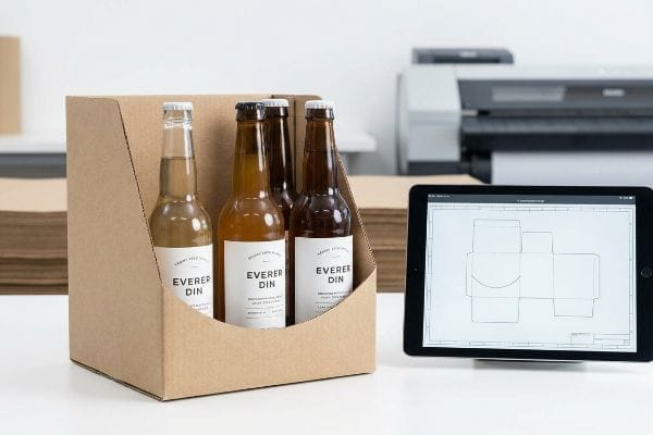 Brown corrugated cardboard beverage carrier with four Everer Din bottles, beside a tablet showing a packaging dieline for TTB compliance.