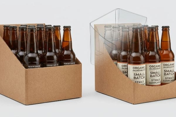 Brown cardboard retail trays display amber glass bottles. The left shows "Premium Sourcing" labels, while the right highlights "Organic Ingredients", "Small Batch", and "Strict Compliance" with a custom die-cut swoop for label visibility.