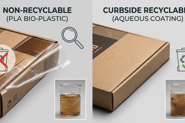 PLA vs Aqueous Coating Non-Recyclable PLA Bio-Plastic box vs. Curbside Recyclable Aqueous Coating box, with dissolution test beakers.