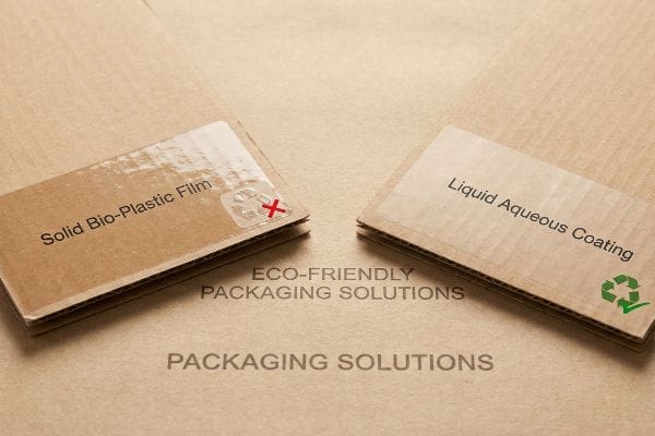 Eco-Friendly Packaging Comparison Corrugated cardboard samples: Solid Bio-Plastic Film (recycling symbol with red X) versus Liquid Aqueous Coating (recycling symbol with green checkmark), illustrating Eco-Friendly Packaging Solutions.