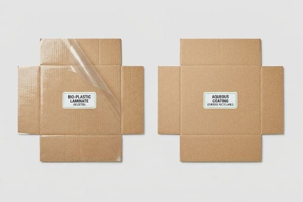 Corrugated cardboard boxes comparing Bio-Plastic Laminate (Rejected) and Aqueous Coating (Curbside Recyclable) for sustainable packaging.