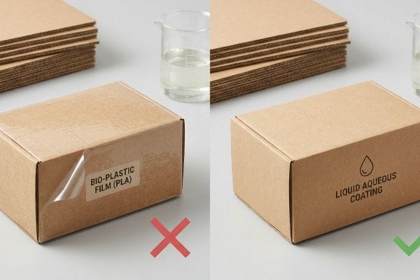 Bio-Plastic vs Aqueous Coating Cardboard box with peeling Bio-Plastic Film (PLA) vs. box with Liquid Aqueous Coating, sustainable packaging.