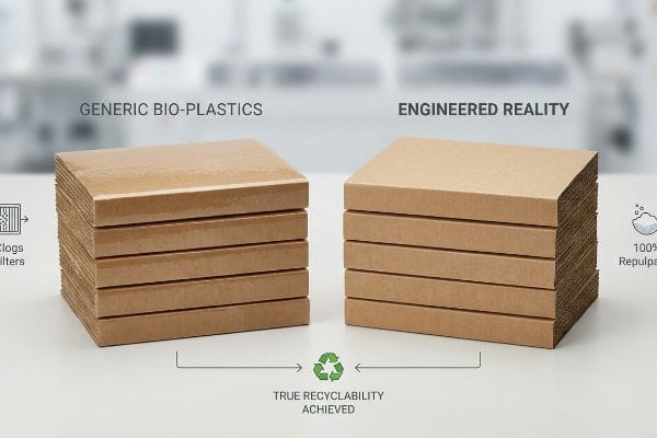 Brown packaging stacks illustrate Generic Bio-Plastics clogging filters versus Engineered Reality's 100% repulpable design, achieving True Recyclability.