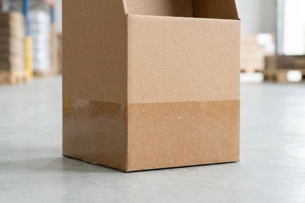 صندوق كرتوني بني مموج مع شريط تغليف شفاف موضوع على أرضية مستودع خرساني، يمثل عبوات قابلة للتحلل الحيوي.